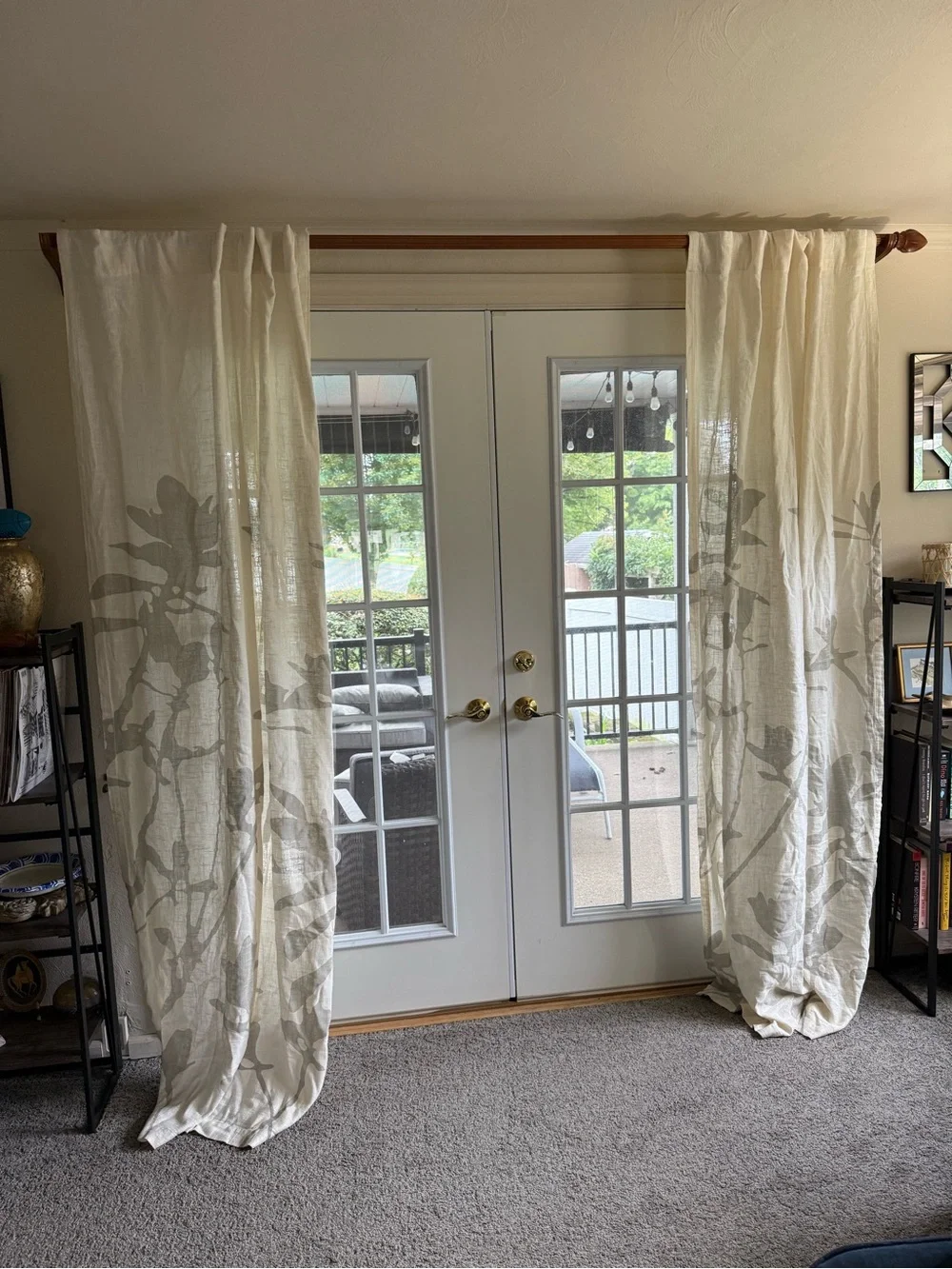 West Elm Cream Curtains Taupe Botanical Motif linen cotton 48x96/2 panels *flaw*